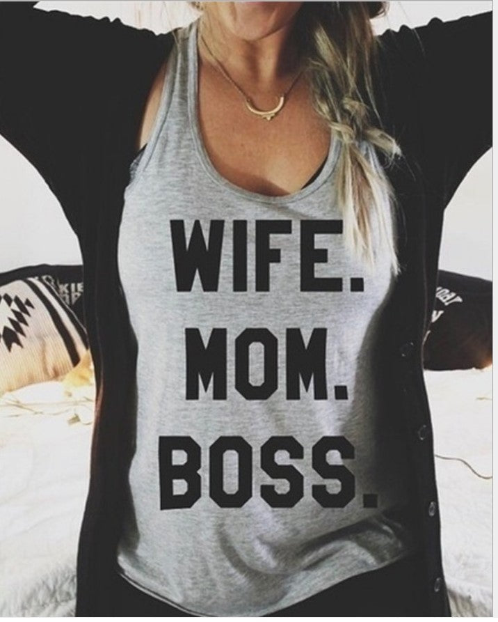 WIFE MOM Letter Pattern Casual Racer tank top. So cute!
